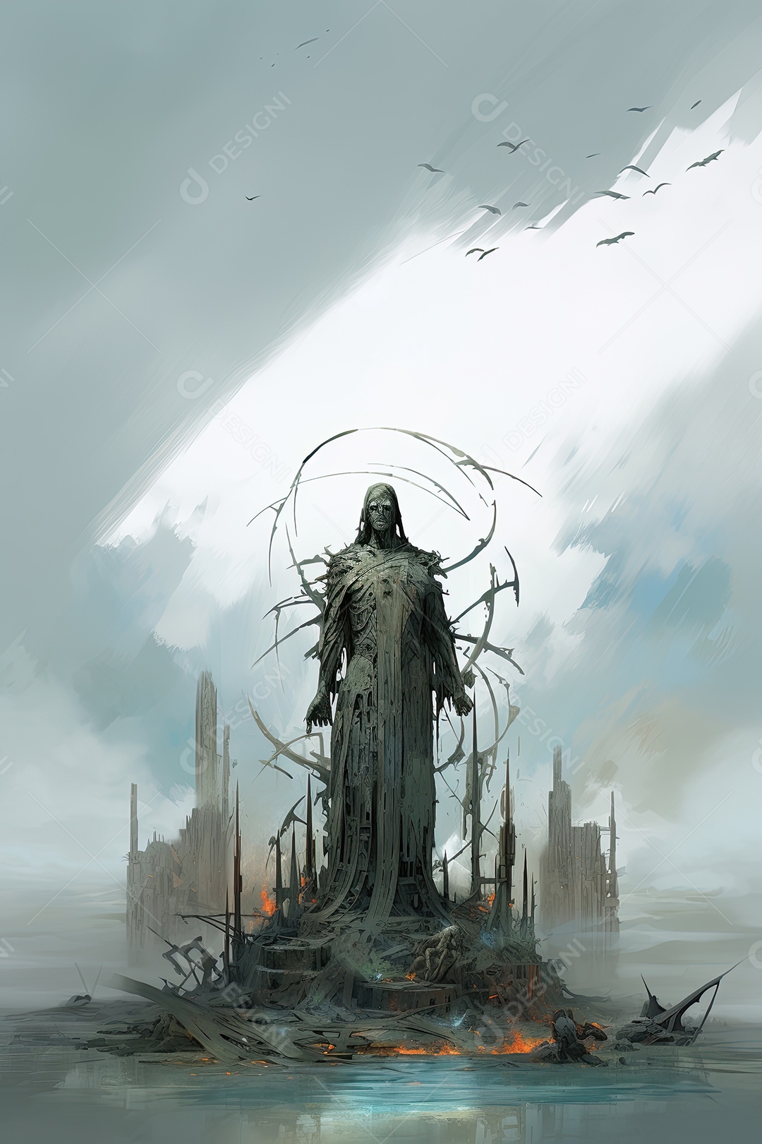 Pintura ilustrativa de paisagem de arte fantástica com estátua gigante