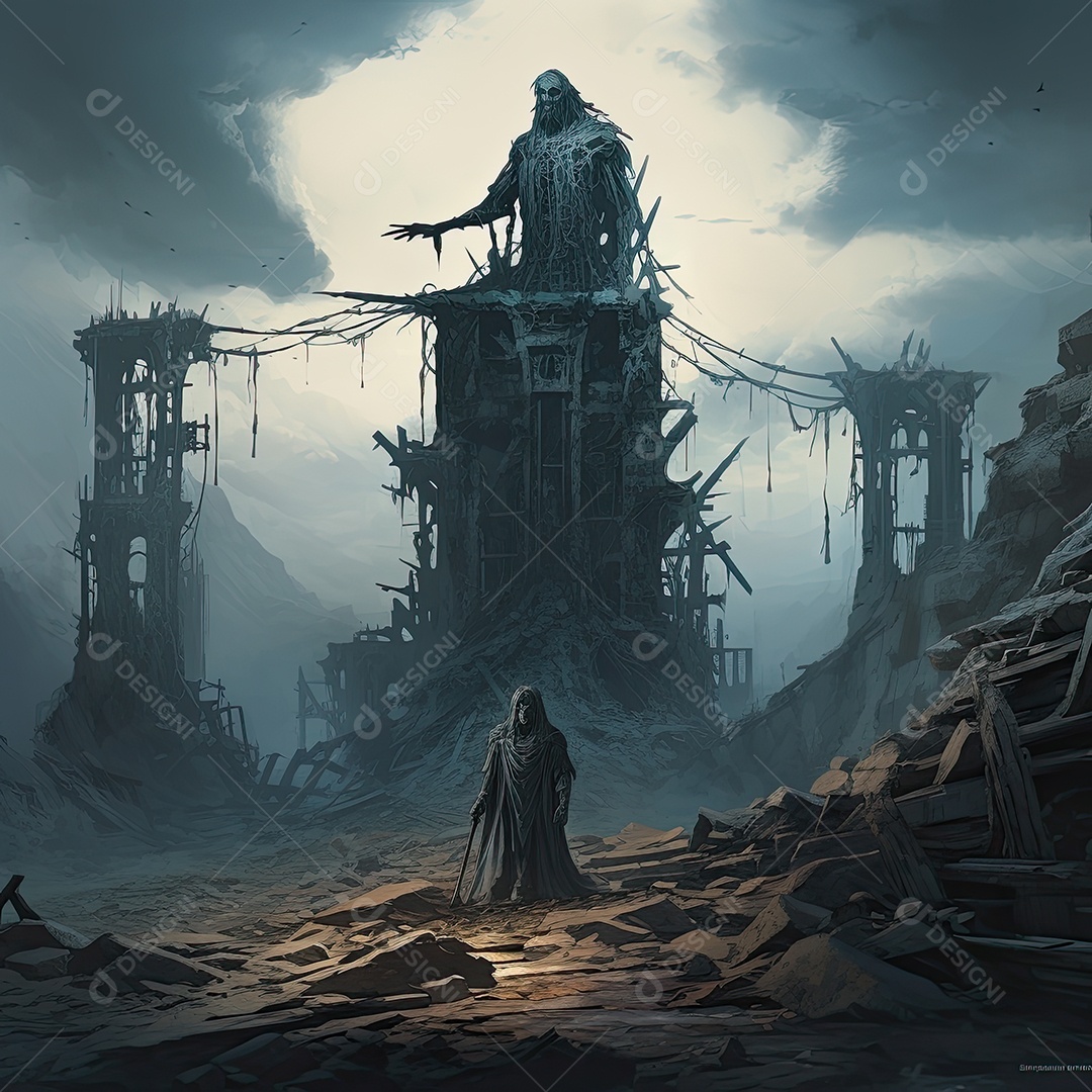 Pintura ilustrativa de paisagem de arte fantástica com estátua gigante