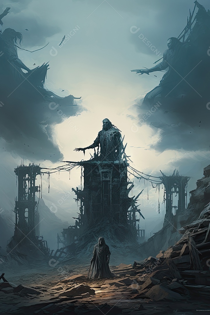 Pintura ilustrativa de paisagem de arte fantástica com estátua gigante