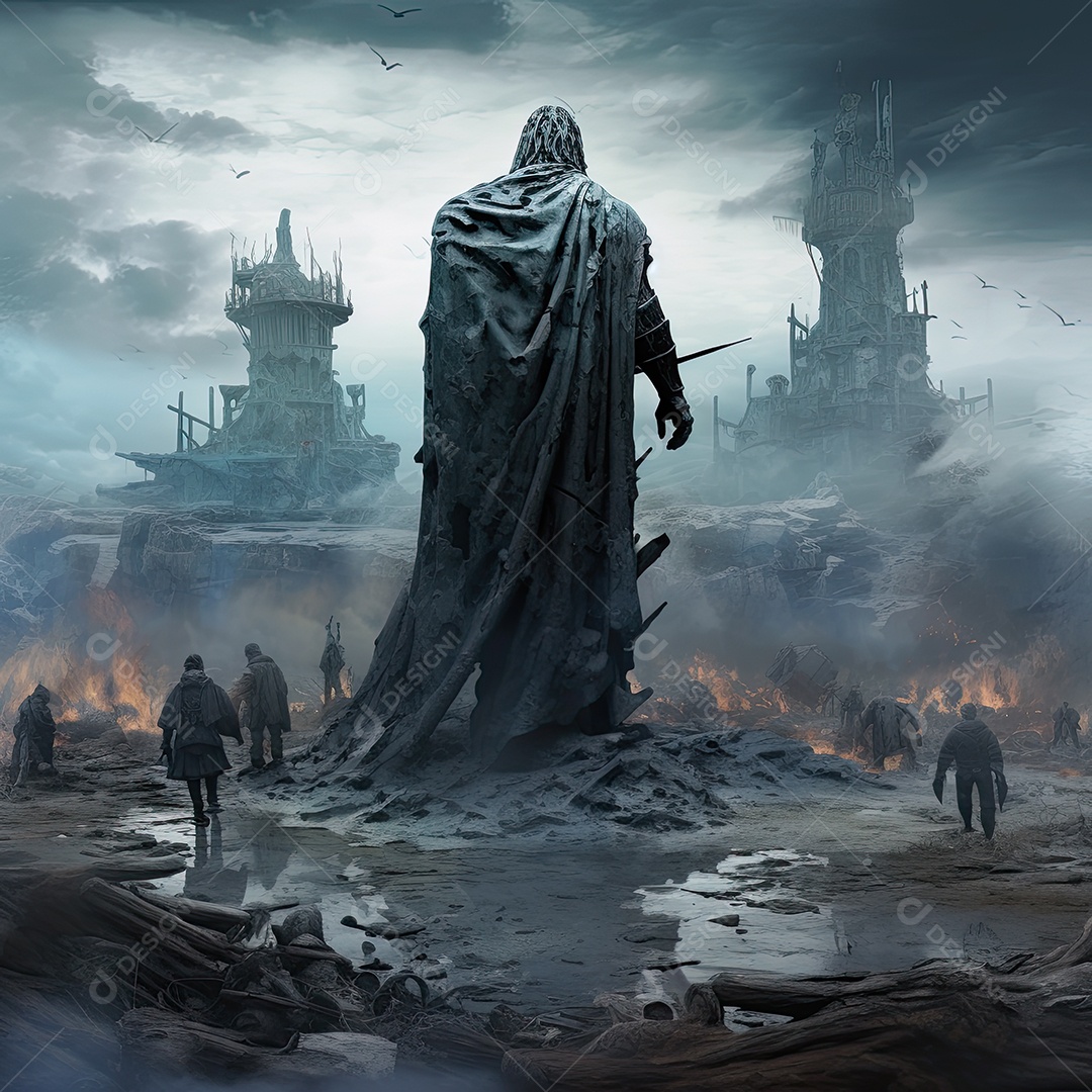 Pintura ilustrativa de paisagem de arte fantástica com estátua gigante