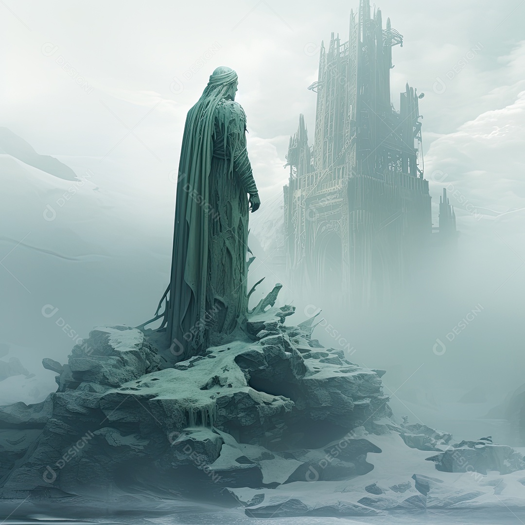 Pintura ilustrativa de paisagem de arte fantástica com estátua gigante