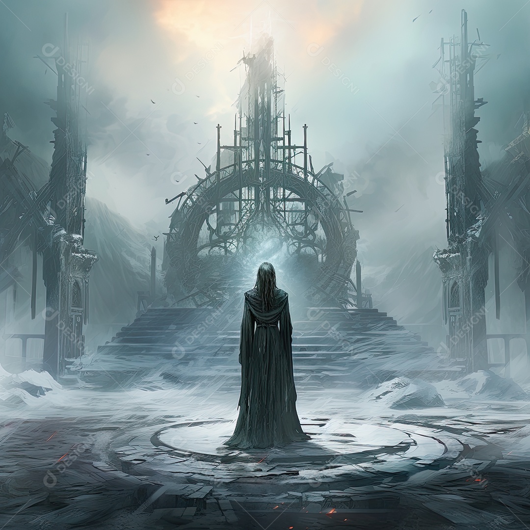 Pintura ilustrativa de paisagem de arte fantástica com estátua gigante