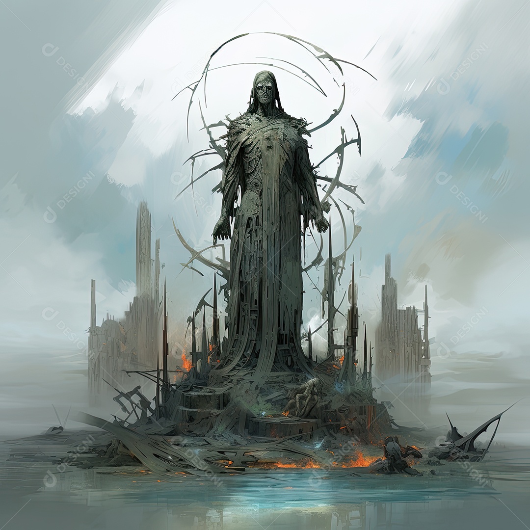 Pintura ilustrativa de paisagem de arte fantástica com estátua gigante