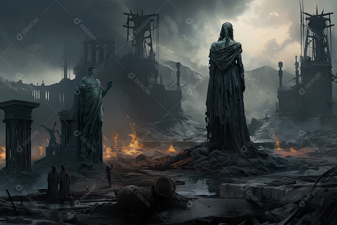 Pintura ilustrativa de paisagem de arte fantástica com estátua gigante