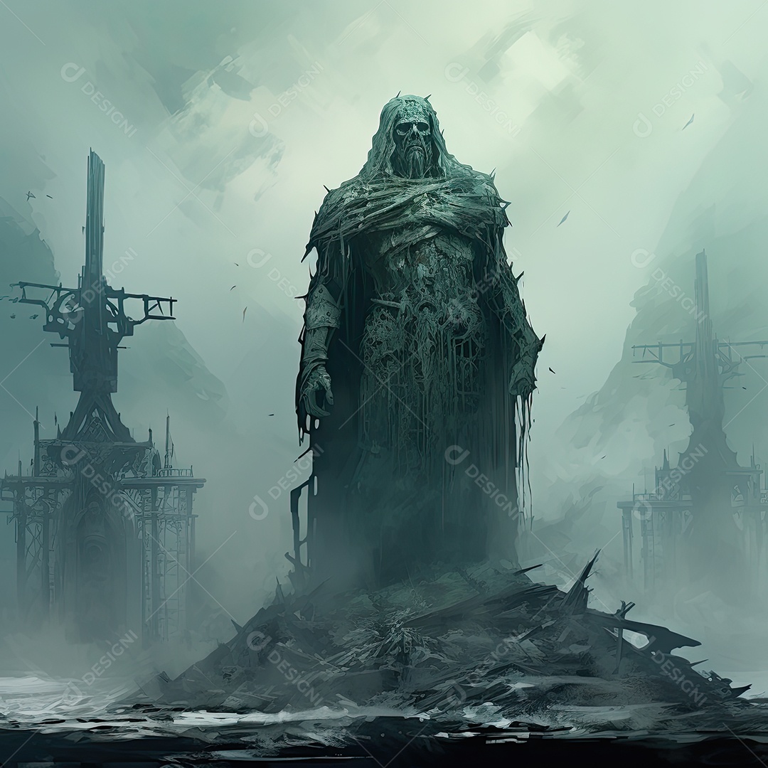 Pintura ilustrativa de paisagem de arte fantástica com estátua gigante