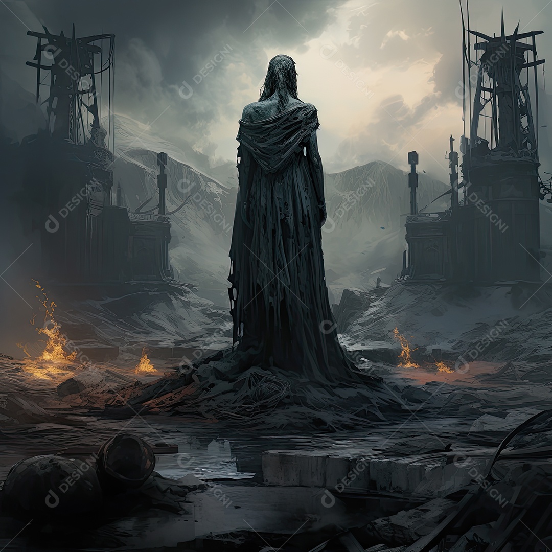 Pintura ilustrativa de paisagem de arte fantástica com estátua gigante