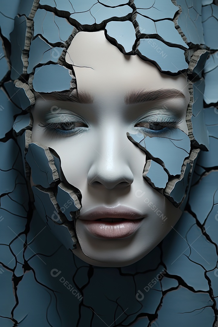 Uma foto com a cabeça de uma mulher através de uma fresta no estilo de esculturas