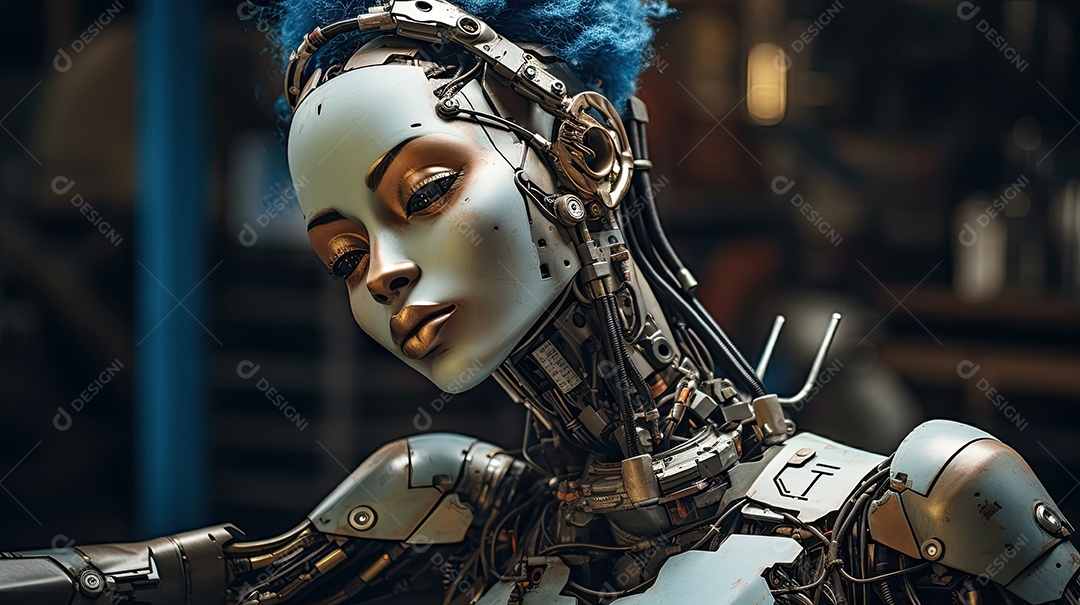 Closeup de transformação de beleza ciborgue híbrida com rosto humanoide de menina