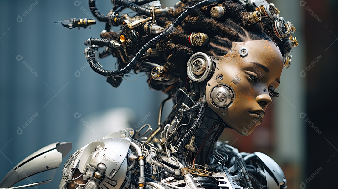 Closeup de transformação de beleza ciborgue híbrida com rosto humanoide de menina