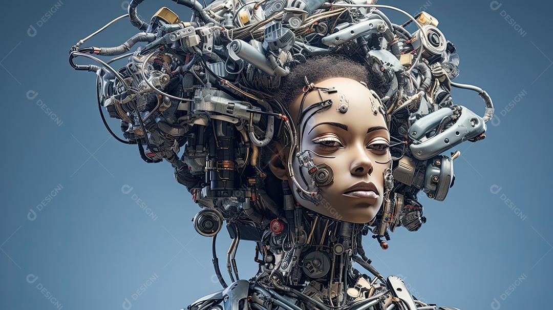 Closeup de transformação de beleza ciborgue híbrida com rosto humanoide de menina