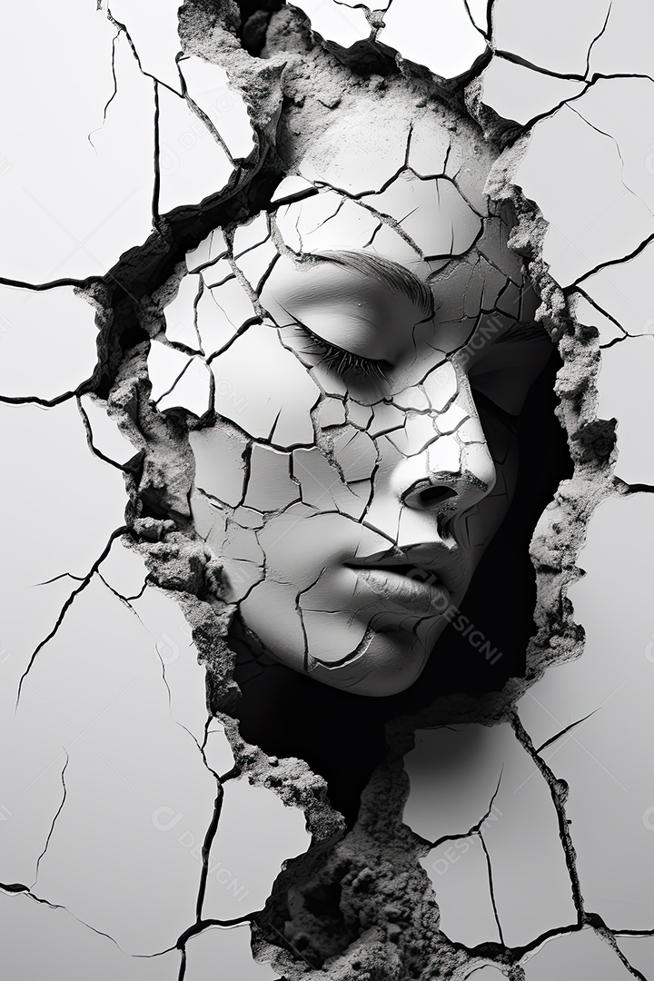 Uma foto com a cabeça de uma mulher através de uma fresta no estilo de esculturas