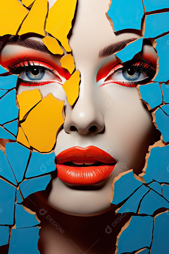 Uma foto com a cabeça de uma mulher através de uma fresta no estilo de esculturas