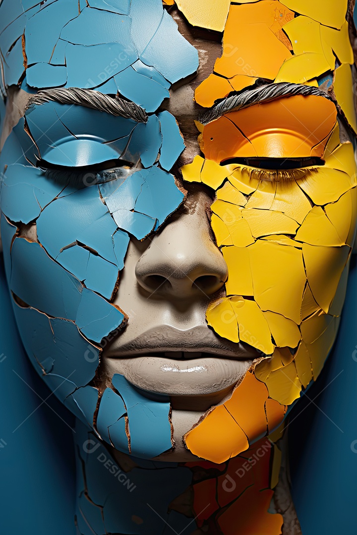 Uma foto com a cabeça de uma mulher através de uma fresta no estilo de esculturas