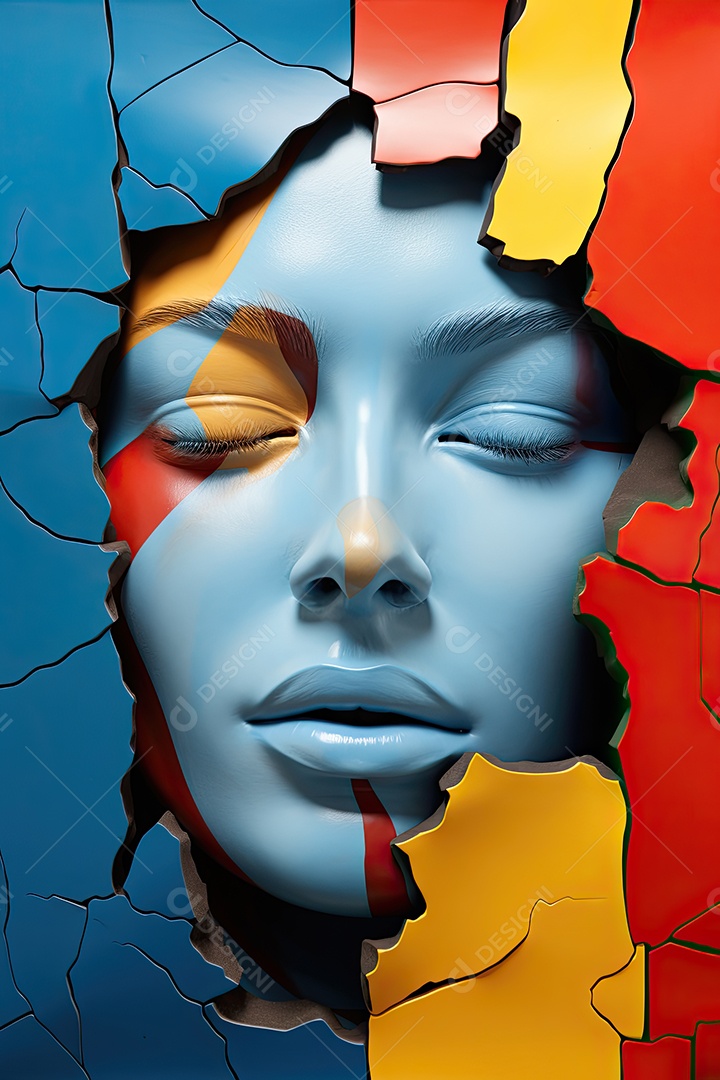 Uma foto com a cabeça de uma mulher através de uma fresta no estilo de esculturas