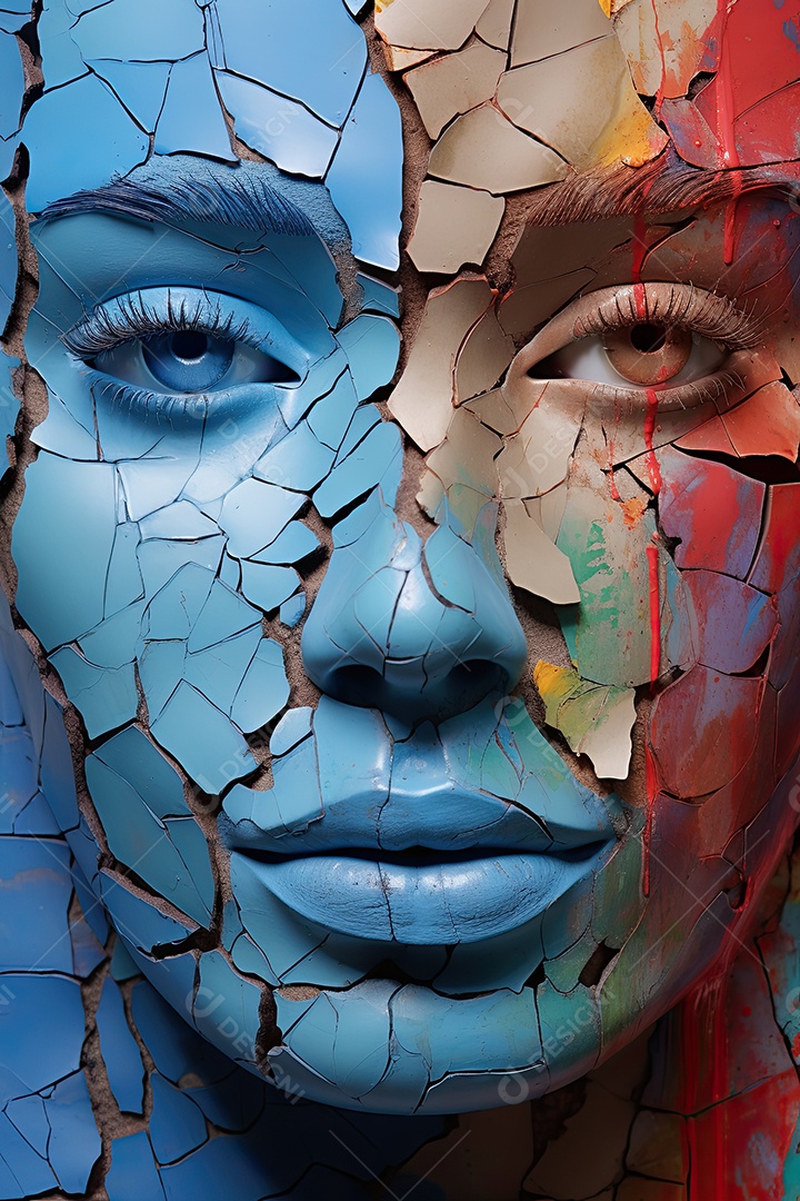 Uma foto com a cabeça de uma mulher através de uma fresta no estilo de esculturas