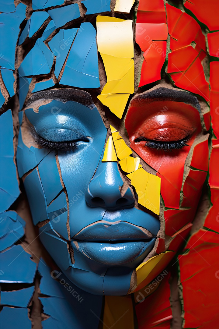 Uma foto com a cabeça de uma mulher através de uma fresta no estilo de esculturas