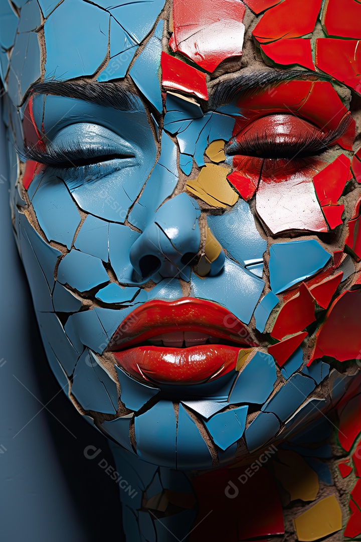 Uma foto com a cabeça de uma mulher através de uma fresta no estilo de esculturas