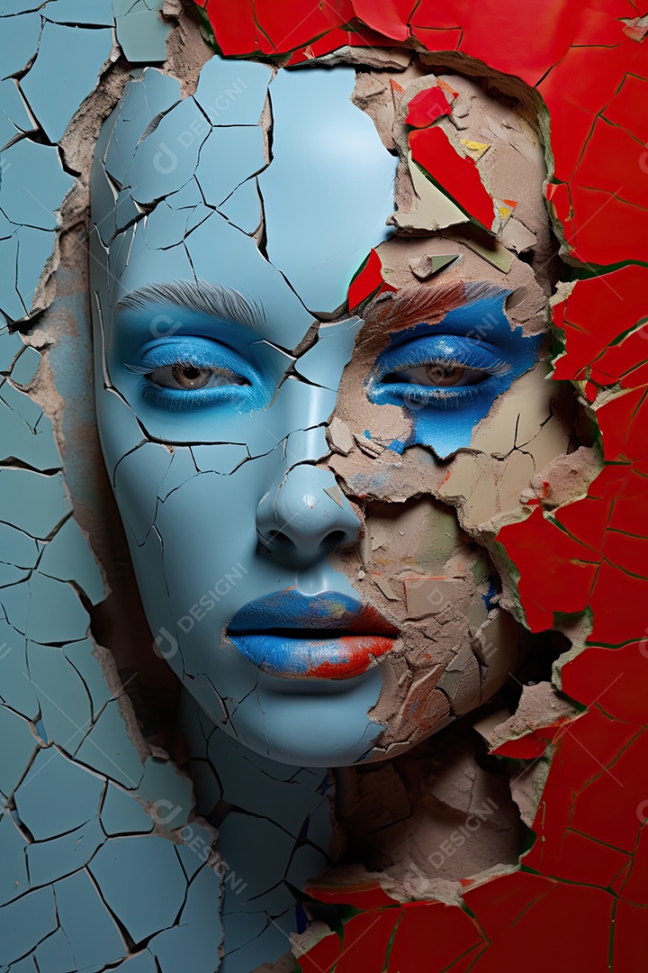 Uma foto com a cabeça de uma mulher através de uma fresta no estilo de esculturas