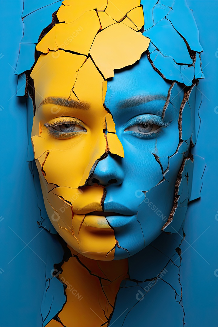 Uma foto com a cabeça de uma mulher através de uma fresta no estilo de esculturas