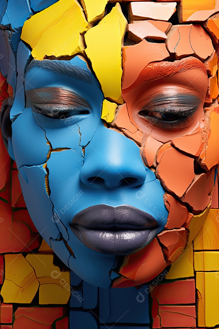 Uma foto com a cabeça de uma mulher através de uma fresta no estilo de esculturas