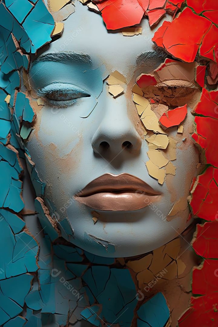 Uma foto com a cabeça de uma mulher através de uma fresta no estilo de esculturas