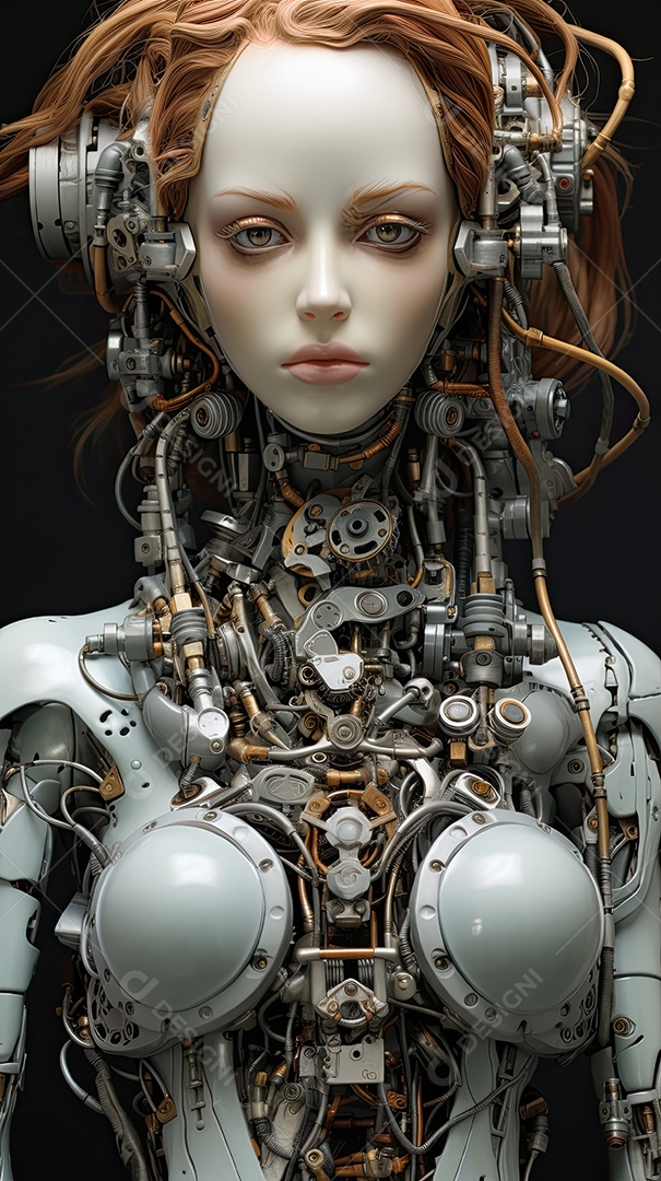 Closeup de transformação de beleza ciborgue híbrida com rosto humanoide de menina