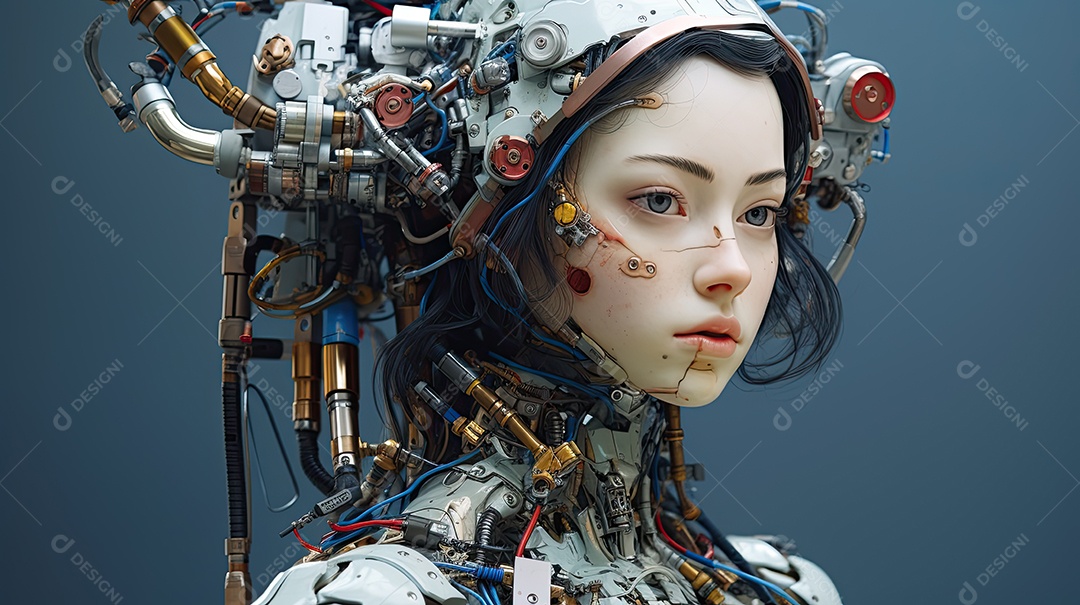 Closeup de transformação de beleza ciborgue híbrida com rosto humanoide de menina