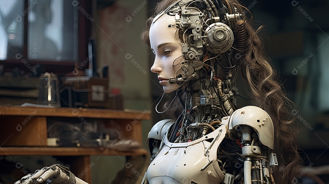 Closeup de transformação de beleza ciborgue híbrida com rosto humanoide de menina