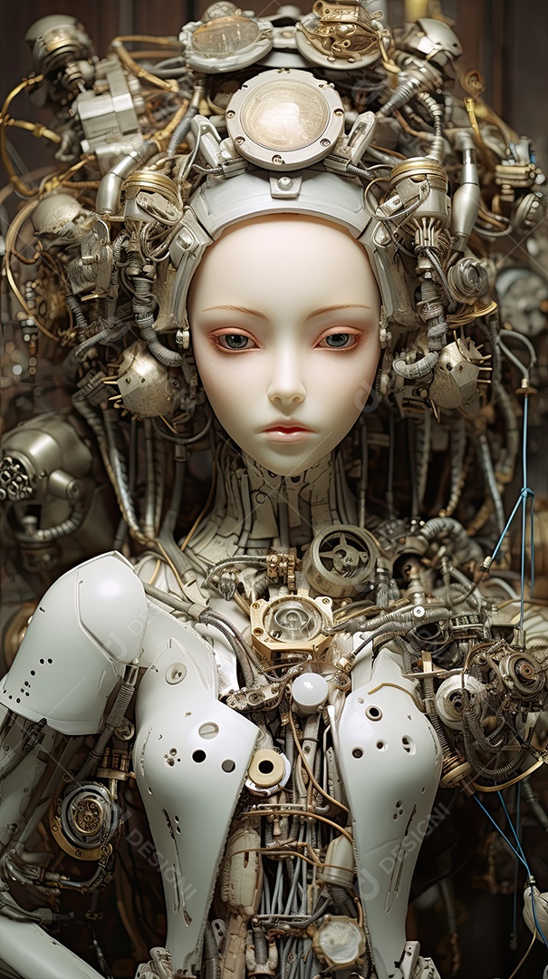 Closeup de transformação de beleza ciborgue híbrida com rosto humanoide de menina