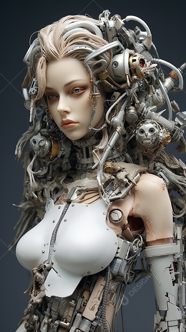 Closeup de transformação de beleza ciborgue híbrida com rosto humanoide de menina