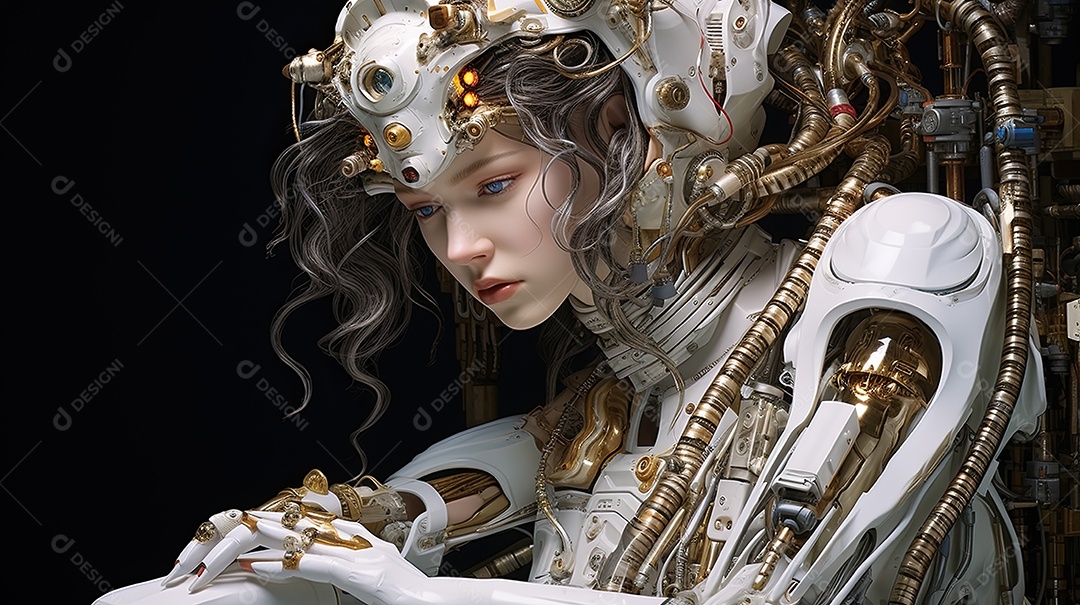 Closeup de transformação de beleza ciborgue híbrida com rosto humanoide de menina