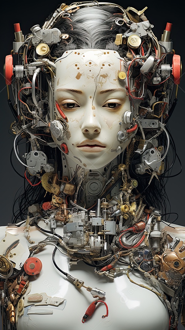 Closeup de transformação de beleza ciborgue híbrida com rosto humanoide de menina