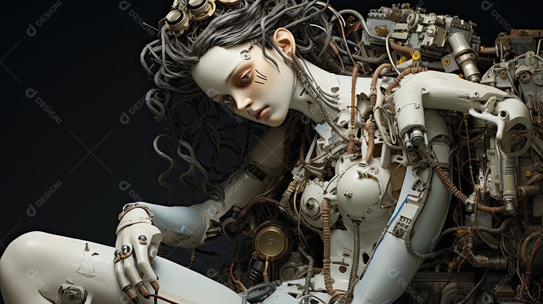 Closeup de transformação de beleza ciborgue híbrida com rosto humanoide de menina