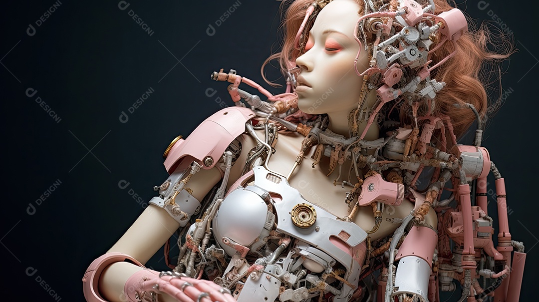 Closeup de transformação de beleza ciborgue híbrida com rosto humanoide de menina