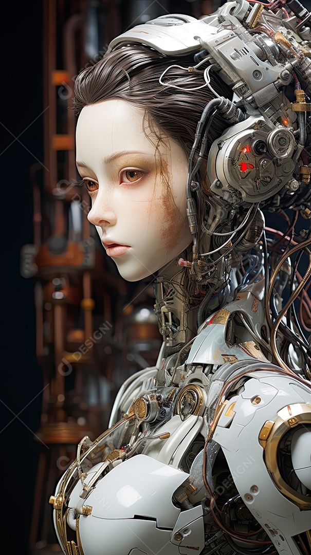 Closeup de transformação de beleza ciborgue híbrida com rosto humanoide de menina