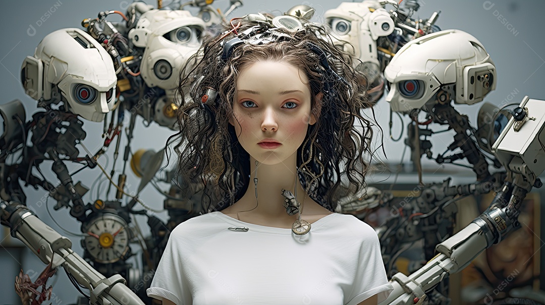 Closeup de transformação de beleza ciborgue híbrida com rosto humanoide de menina