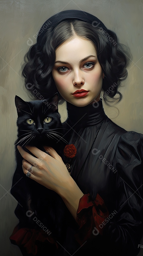 Jovem garota gótica segurando um gato