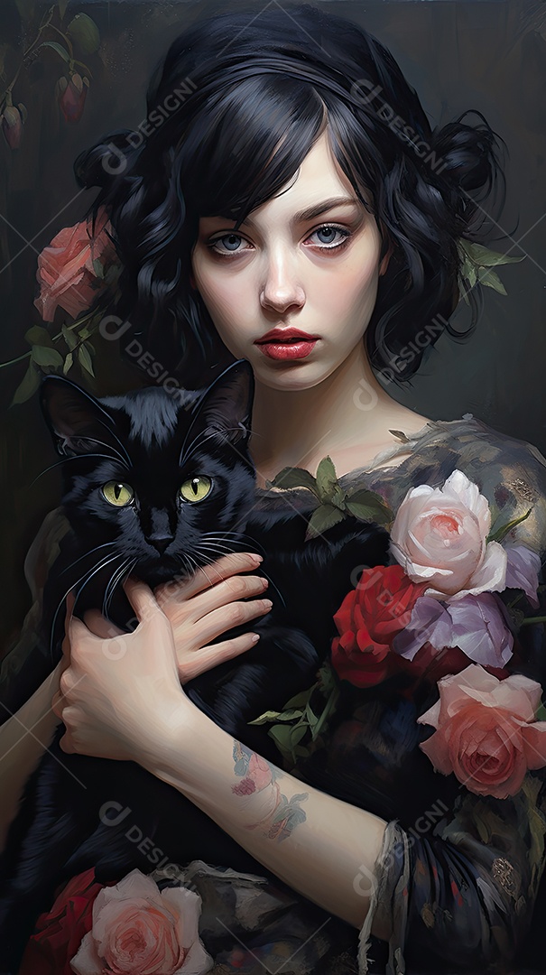 Jovem garota gótica segurando um gato