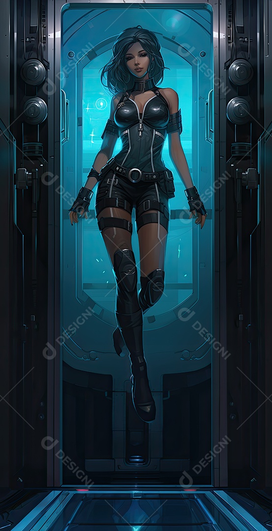 Uma garota vestindo malha de couro estilo uniforme de formas de máquina