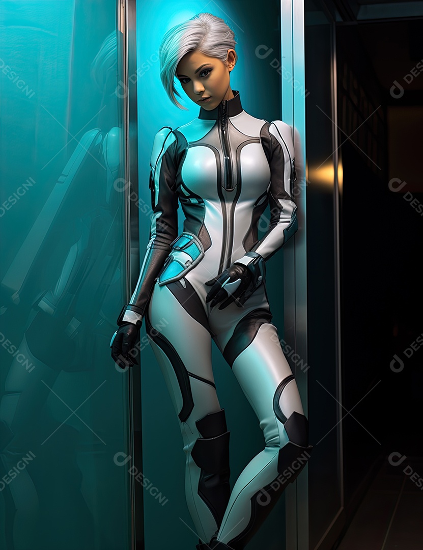 Uma garota vestindo malha de couro estilo uniforme de formas de máquina