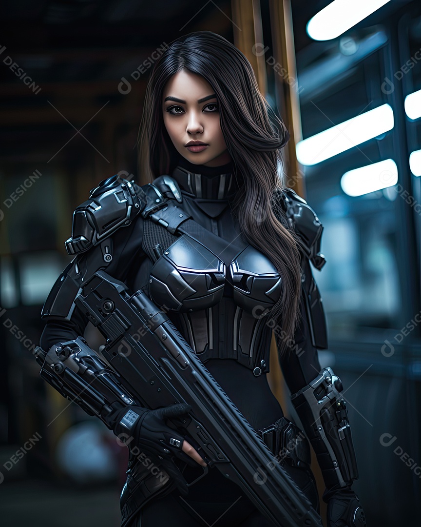 Uma garota vestindo malha de couro estilo uniforme de formas de máquina