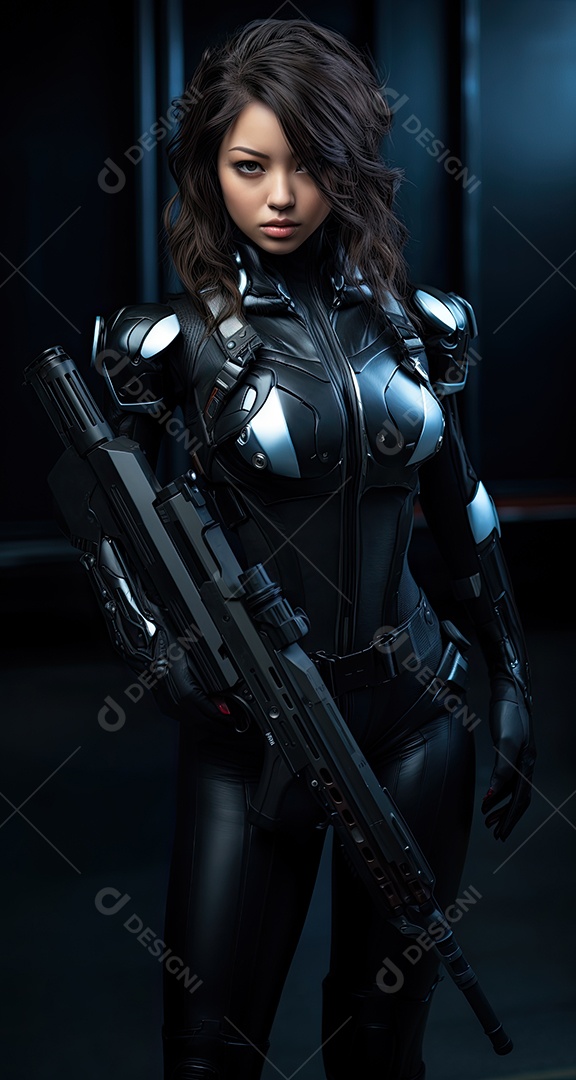 Uma garota vestindo malha de couro estilo uniforme de formas de máquina