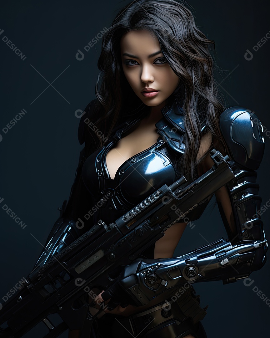 Uma garota vestindo malha de couro estilo uniforme de formas de máquina