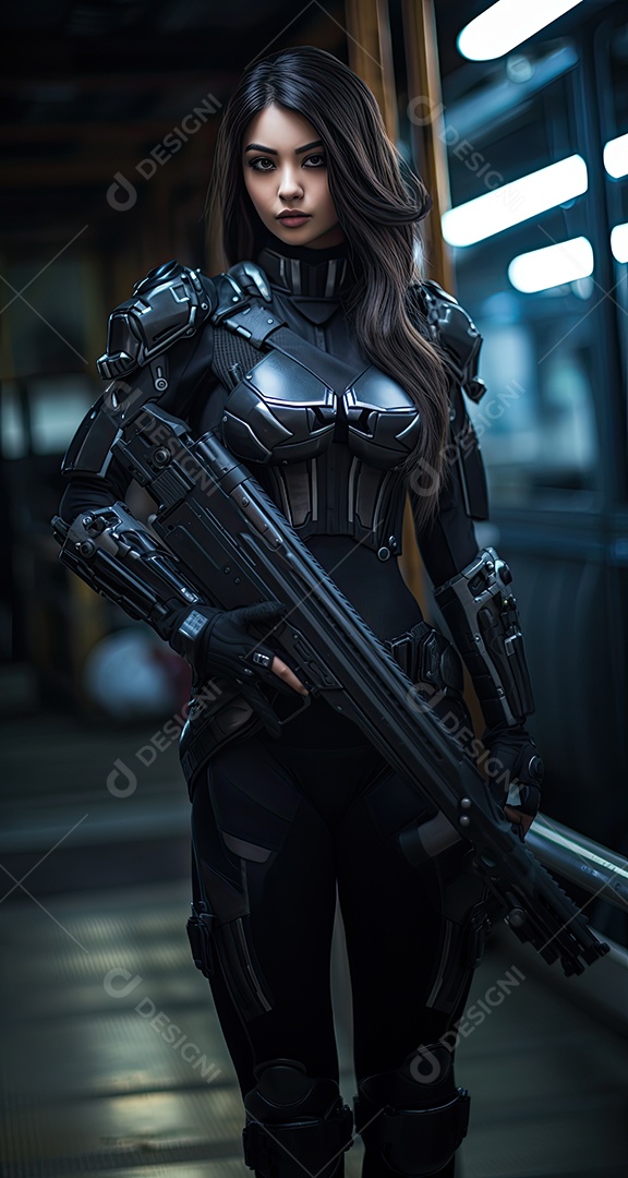 Uma garota vestindo malha de couro estilo uniforme de formas de máquina