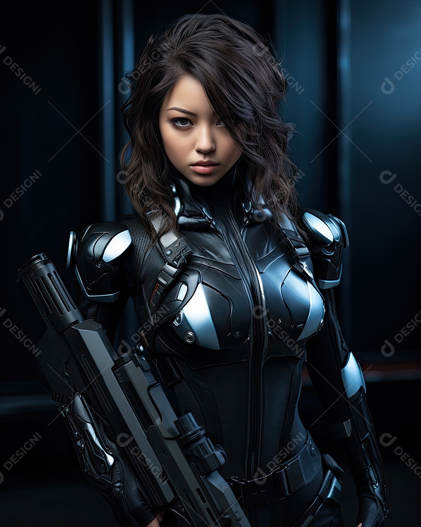 Uma garota vestindo malha de couro estilo uniforme de formas de máquina