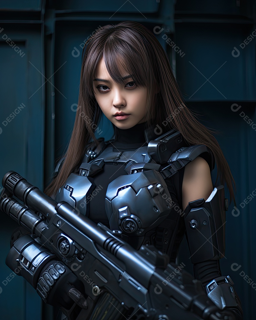 Uma garota vestindo malha de couro estilo uniforme de formas de máquina