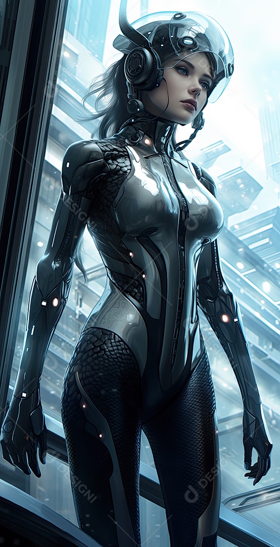 Uma mulher futurista perto de uma porta no estilo prata escuro e turquesa