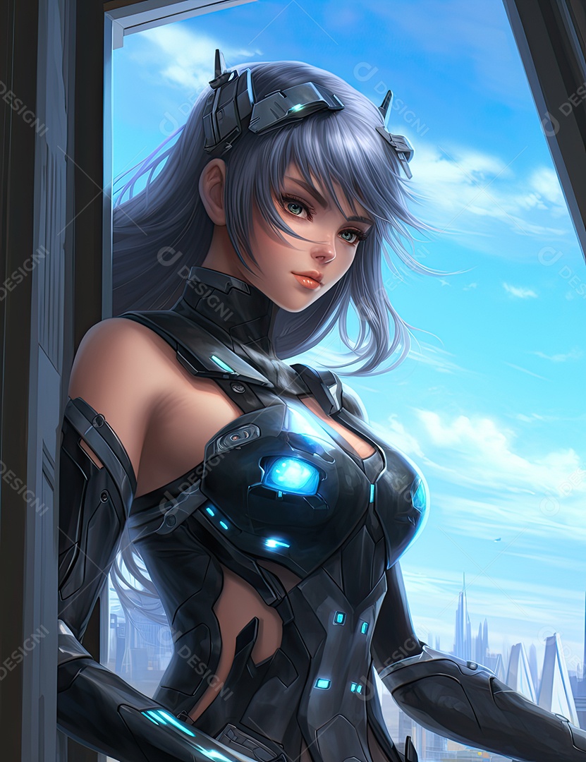 Uma mulher futurista perto de uma porta no estilo prata escuro e turquesa