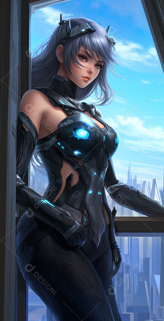 Uma mulher futurista perto de uma porta no estilo prata escuro e turquesa