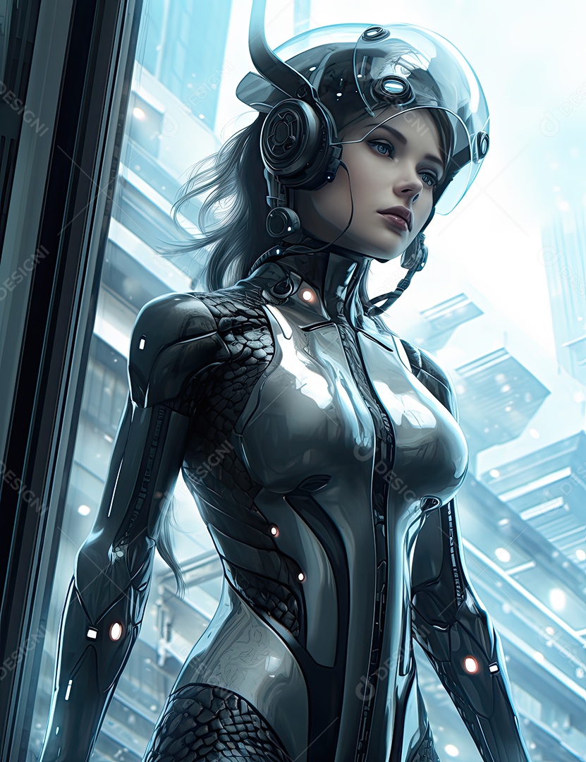 Uma mulher futurista perto de uma porta no estilo prata escuro e turquesa